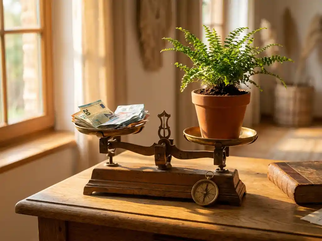 Weathered wooden balance scale weighing euro banknotes against a thriving green plant, warm golden-hour light on an oak desk.