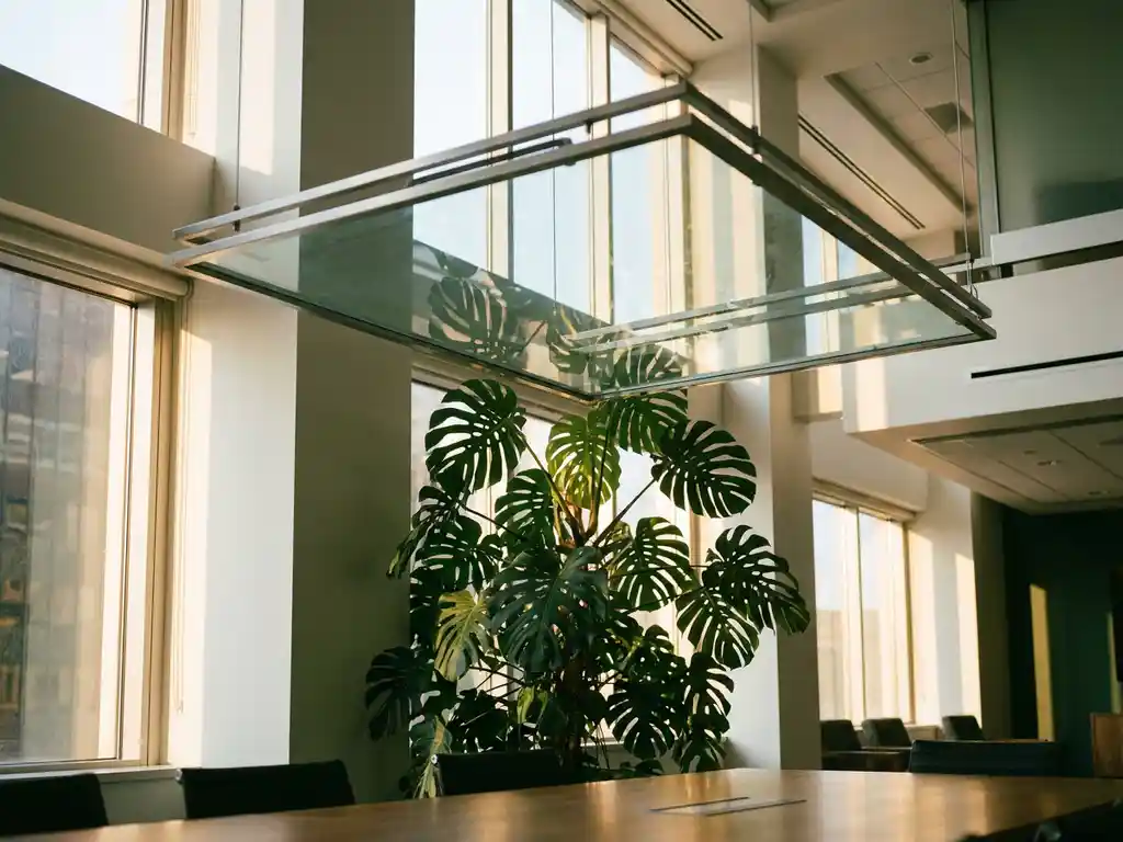 Green plant pressing against a glass ceiling in a sunlit modern boardroom, symbolizing workplace barriers, warm amber and forest green tones.