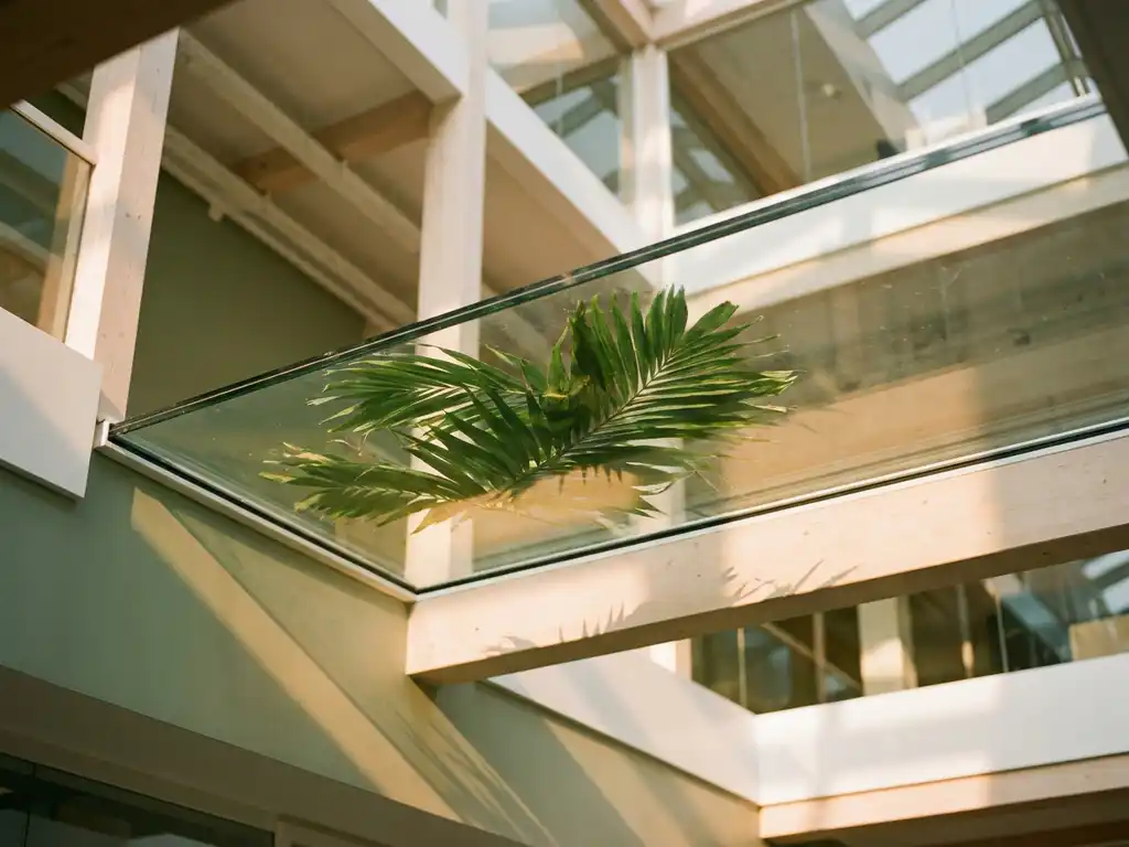 Green plant pressing against a glass ceiling in a sunlit modern office atrium, symbolizing workplace growth barriers.