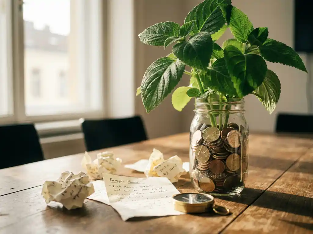 Green plant growing from a glass jar of euro coins on a sunlit boardroom table with stakeholder notes and a small compass nearby.