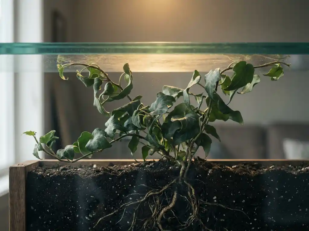 Green plant with visible roots in dark soil pressing against a glass ceiling barrier, warm golden light glowing just beyond reach.