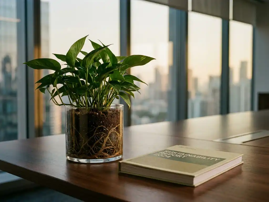 Green plant with visible roots in glass pot beside a sustainability report on a boardroom table, city skyline in background.