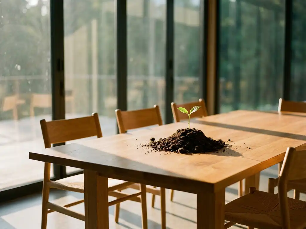 Green seedling sprouting from dark soil on a boardroom table, bathed in warm morning light with empty chairs surrounding it.
