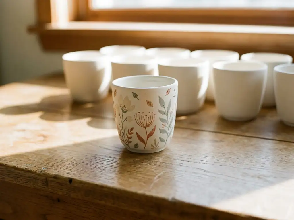 Hand-painted botanical ceramic cup standing apart from plain white cups on an oak surface in soft morning light.