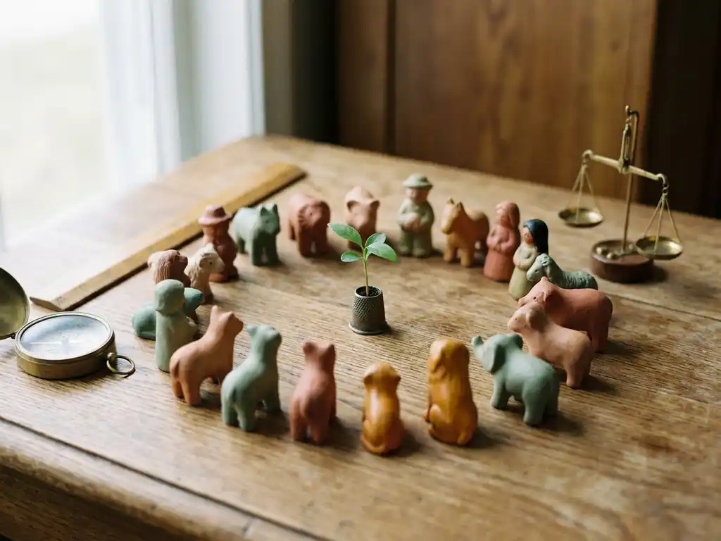 Handcrafted figurines in a circle around a green seedling, flanked by a compass, ruler, and brass scale on an oak table.