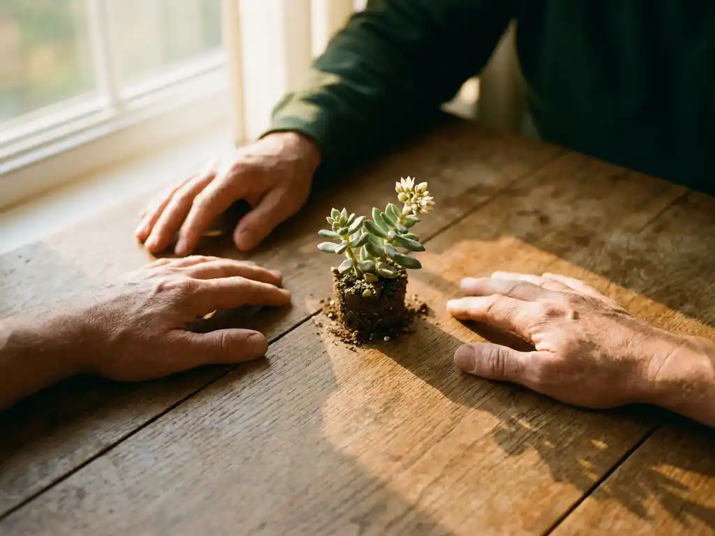 Two open palms facing upward on a weathered oak table, cradling a small living plant in warm morning light.