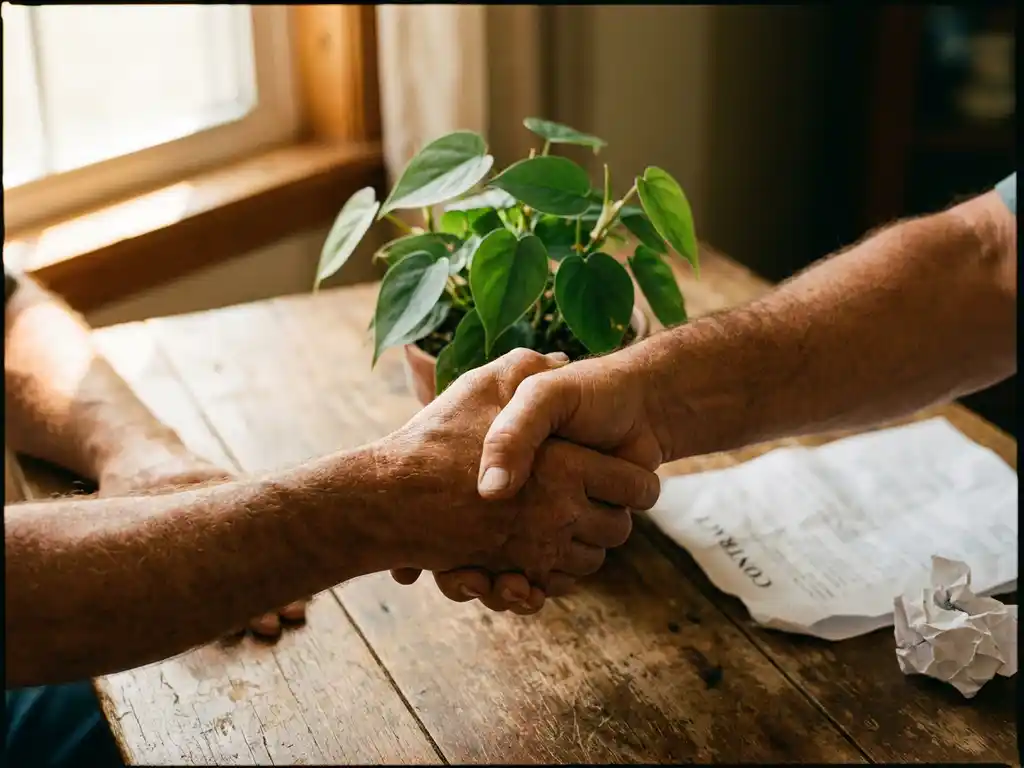Two weathered hands shaking over a wooden table with contract papers and a small green plant symbolizing business growth and partnership.