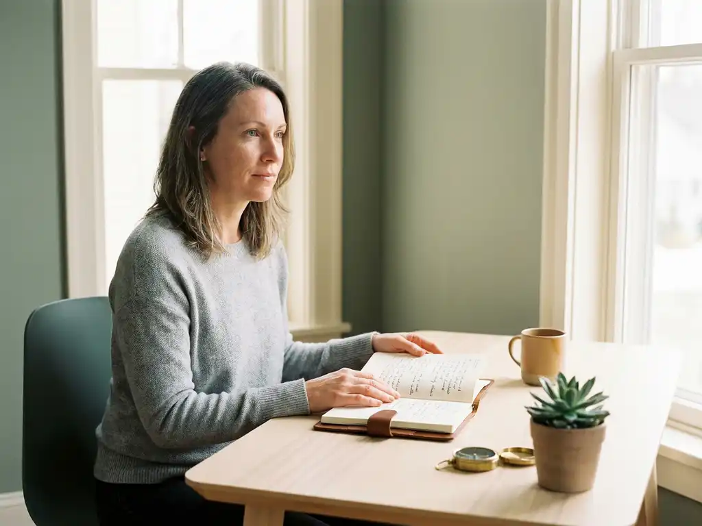 HR director reviewing handwritten journal notes at a Scandinavian desk with compass, plant, and ceramic mug in soft morning light.