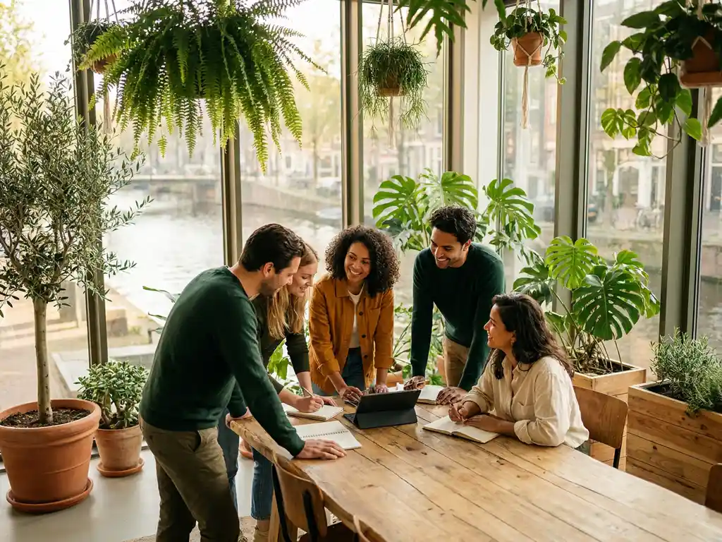Diverse team collaborating around a wood table in a plant-filled Amsterdam office with floor-to-ceiling windows and warm natural light.