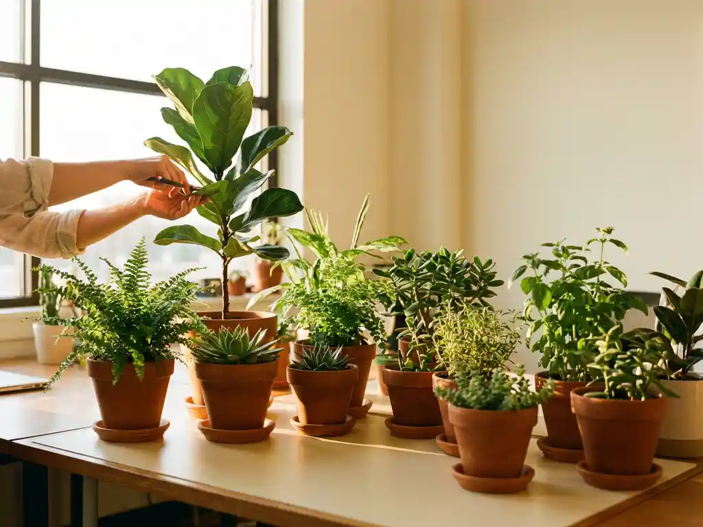Hand tending to tall indoor office plants in terracotta pots, diverse foliage bathed in warm morning light on a cream desk.