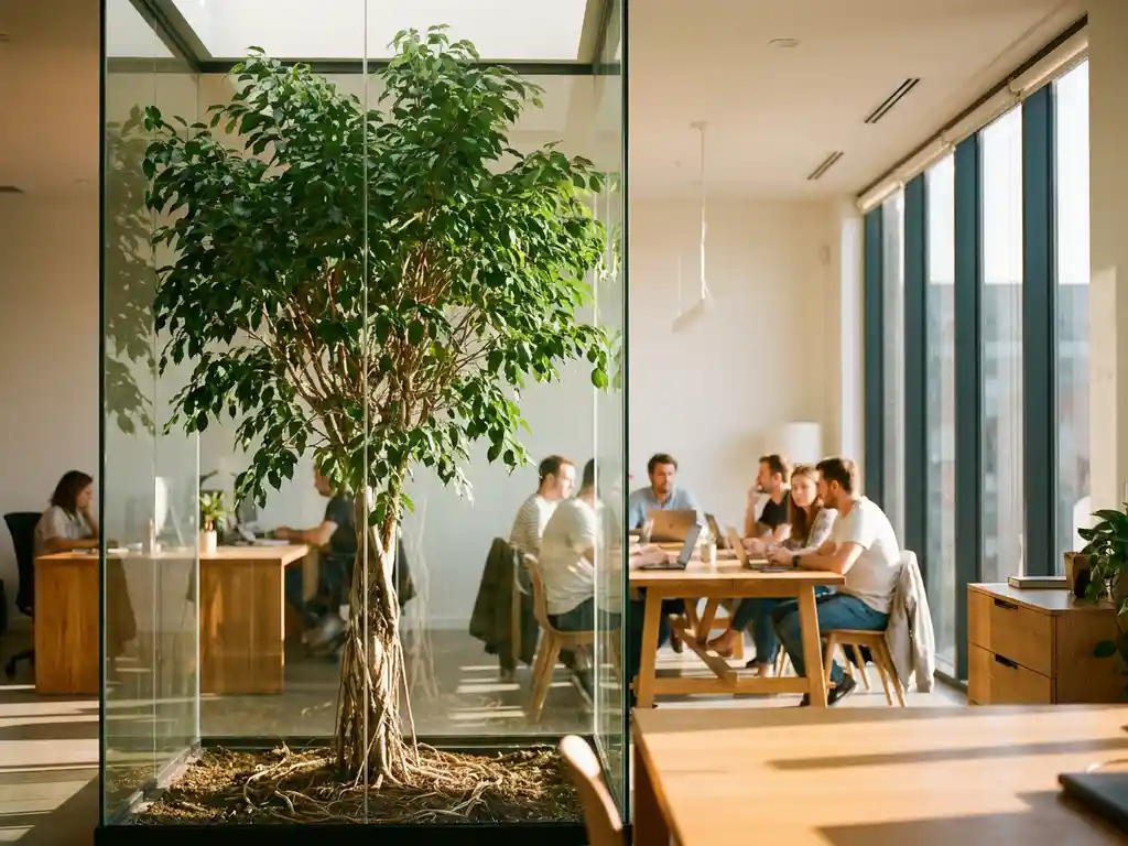 Thriving indoor tree with visible roots in a sunlit modern office, branches extending above wooden desks where colleagues collaborate.