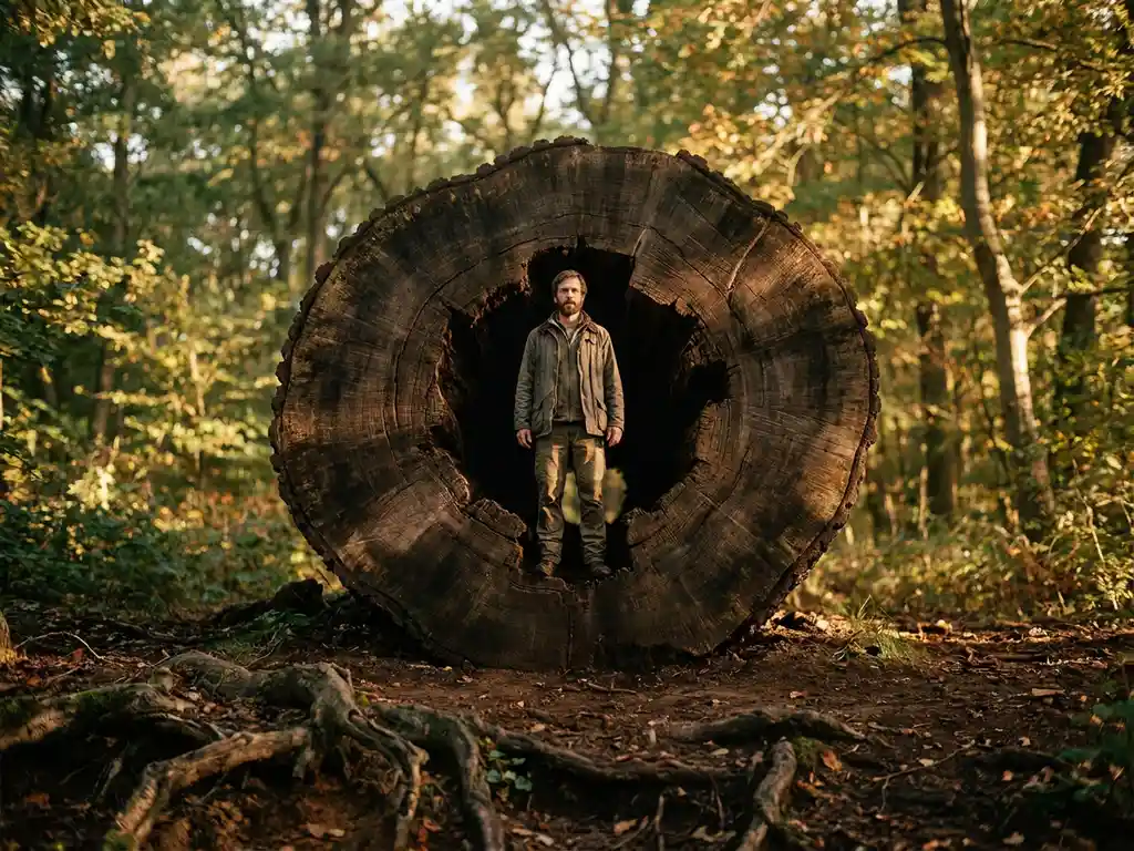 Leader standing inside a living oak tree cross-section, concentric growth rings radiating outward, roots in dark soil, golden forest light above.