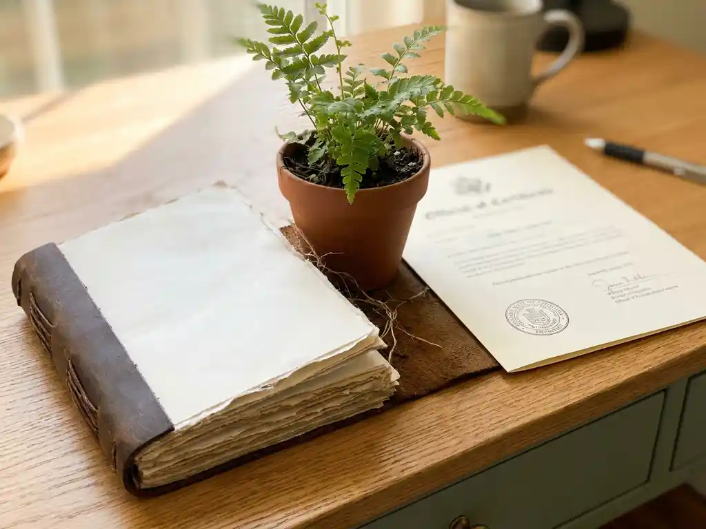 Worn leather journal and official compliance document open on an oak desk, small green plant growing between them in warm morning light.