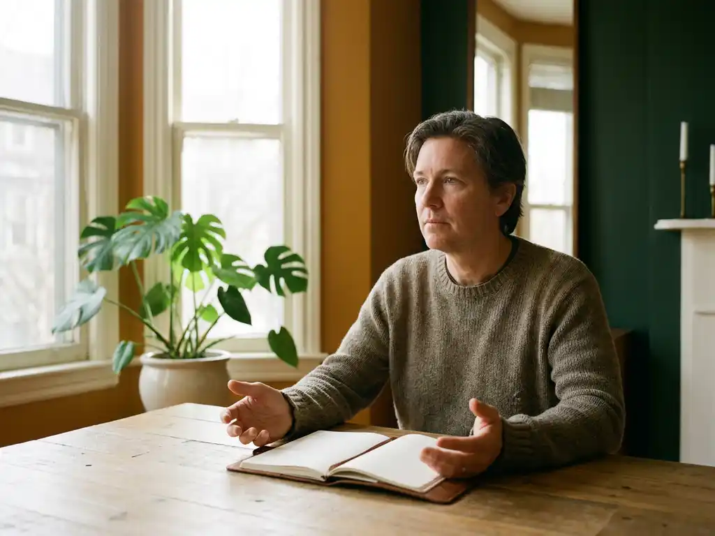 Manager seated at a minimalist wooden desk with hands resting on an open journal, soft morning light and a green plant nearby.