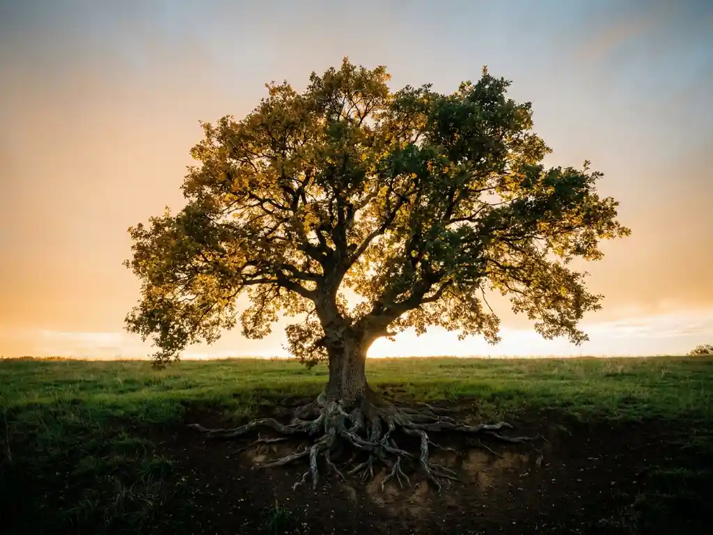 Mature tree with exposed roots anchoring into dark soil, broad glowing canopy stretching toward open sky in a sunlit green meadow at golden hour.