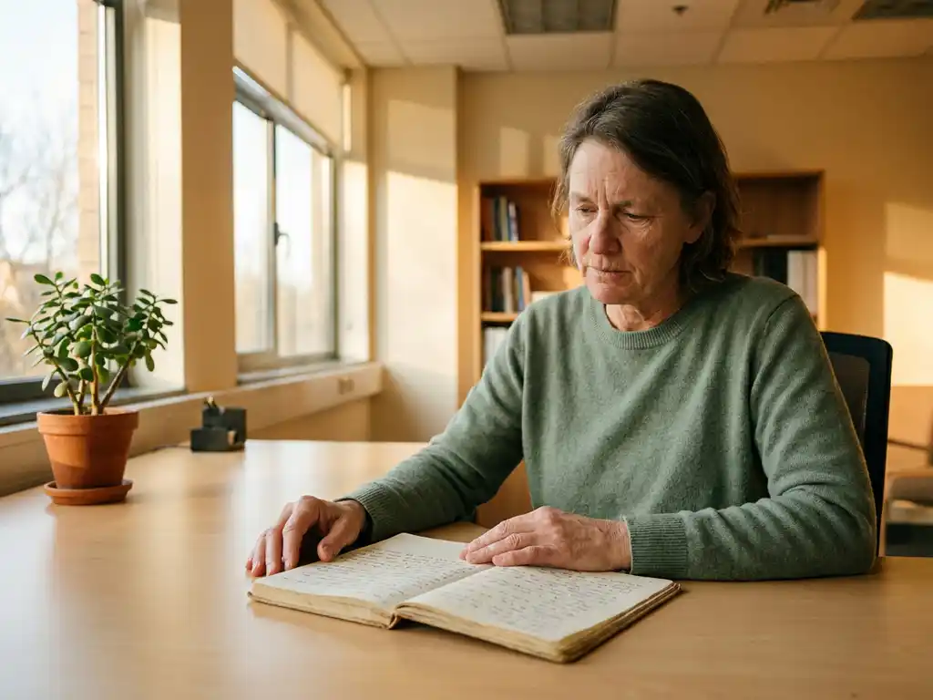 Thoughtful leader at a minimalist wooden desk, hands resting on a handwritten journal, warm afternoon light and a small plant nearby.