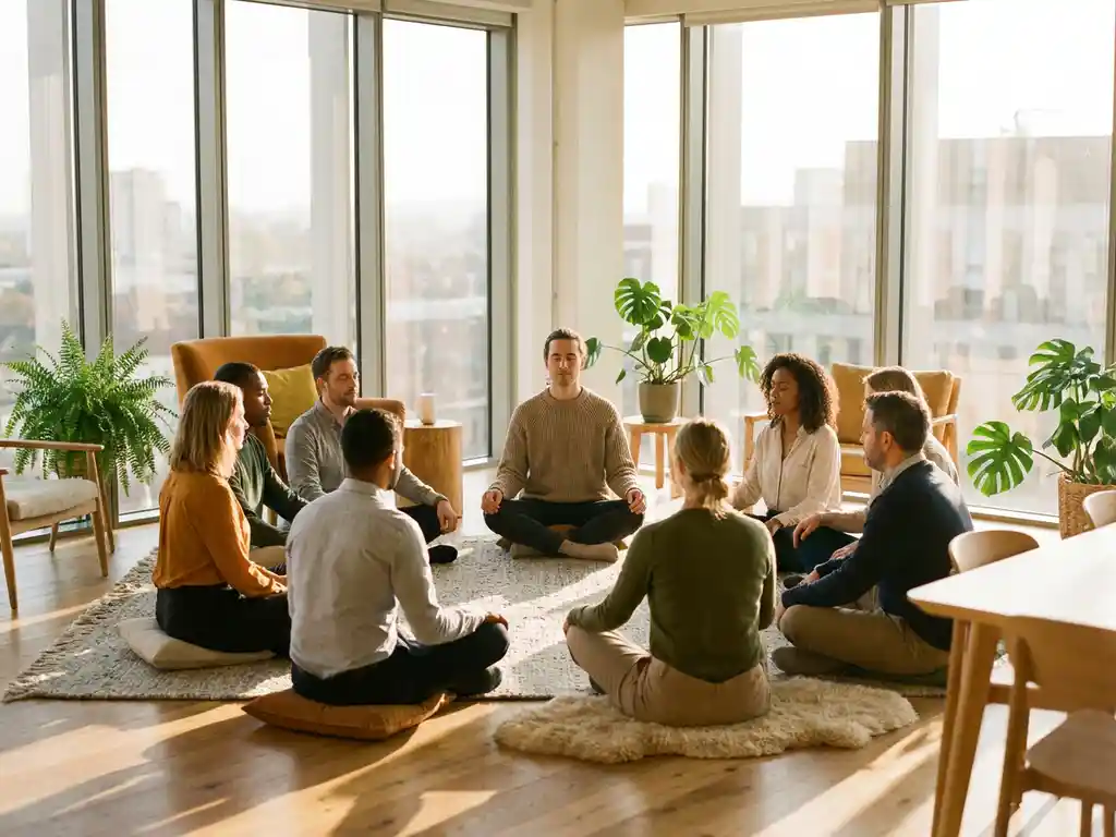 Mindful leader sitting cross-legged on office floor with colleagues in a relaxed circle, bathed in warm golden-hour light.