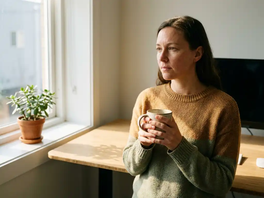 Employee holding a ceramic mug at a sunlit office window beside a small green plant, bathed in warm golden morning light.