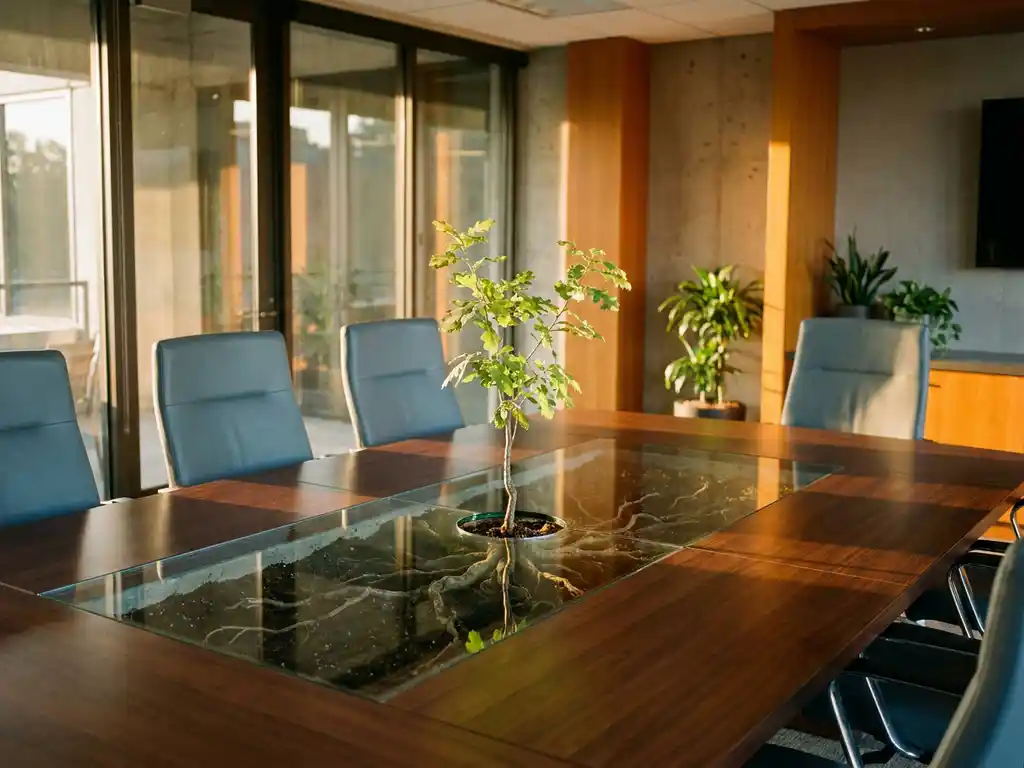 Oak sapling growing from a polished boardroom table, roots spreading under glass, surrounded by empty executive chairs in golden morning light.