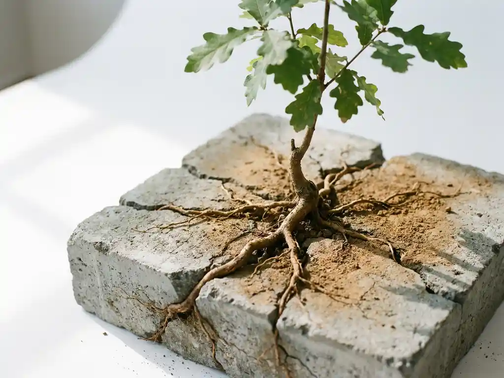 Oak sapling pushing through cracked concrete block, roots spreading outward, soft natural daylight casting gentle shadows on studio surface.