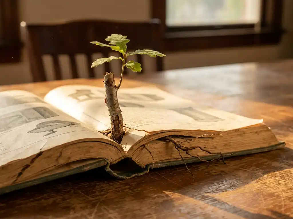 Oak sapling growing through a cracked product catalog on a sunlit boardroom table, roots threading through aged pages in warm amber morning light.