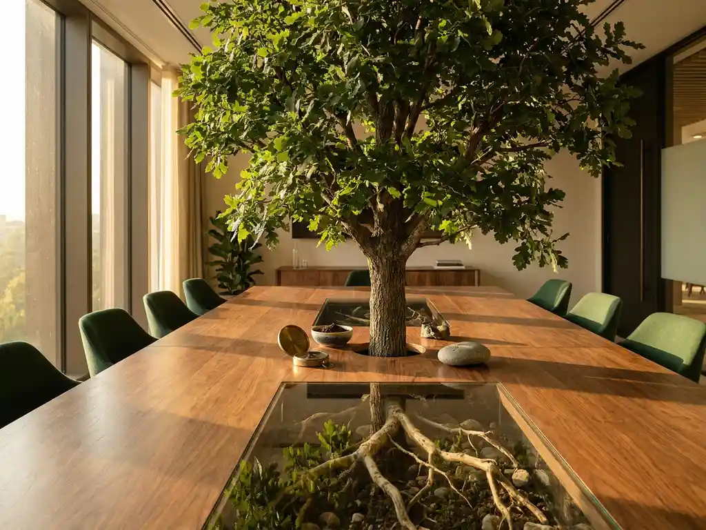 Oak tree growing from a polished boardroom table, roots visible beneath glass, beside a compass, soil, and river stone in warm morning light.