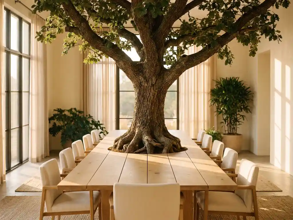 Oak tree with deep roots and wide branches growing from a boardroom table, bathed in warm afternoon light through floor-to-ceiling windows.