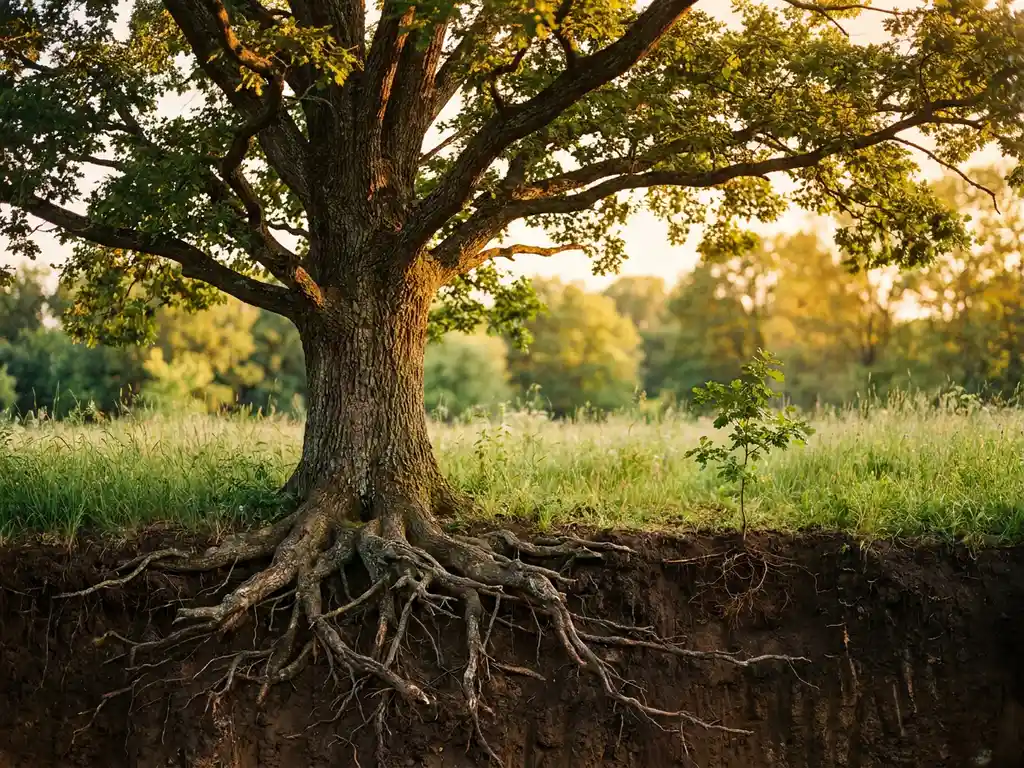 Tall oak tree with deep sprawling roots in cross-section earth beside a shallow-rooted sapling, golden-hour light over lush green meadow.