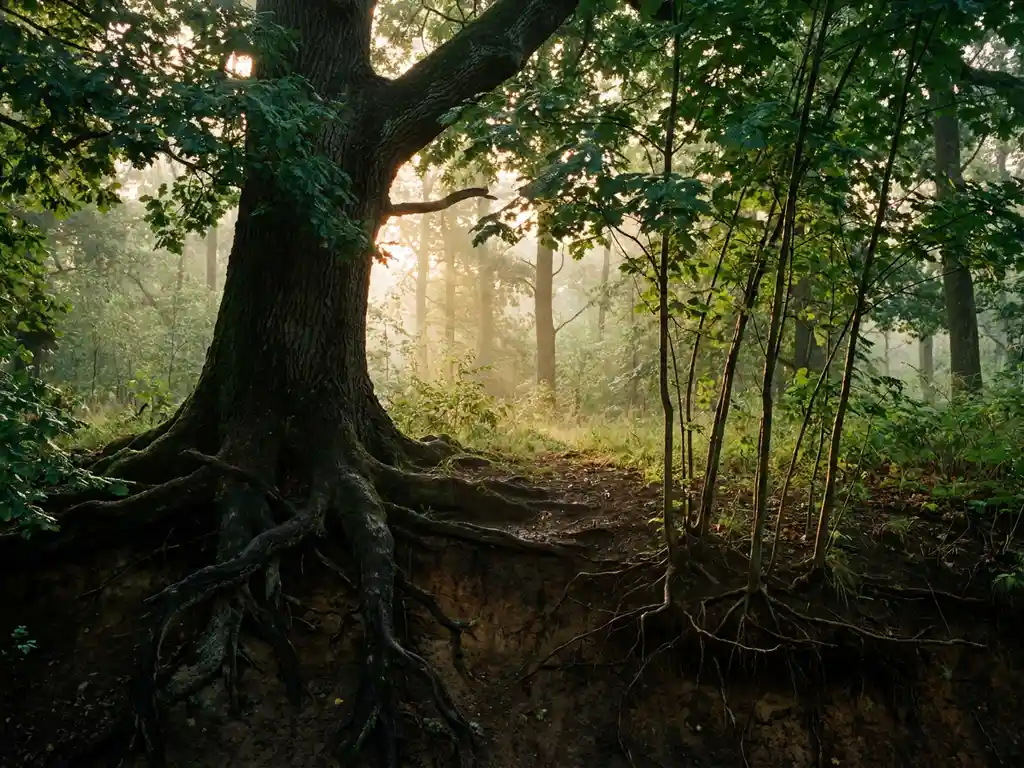 Weathered oak tree with deep sprawling roots contrasting shallow-rooted saplings, cross-section of rich forest soil visible at golden hour.