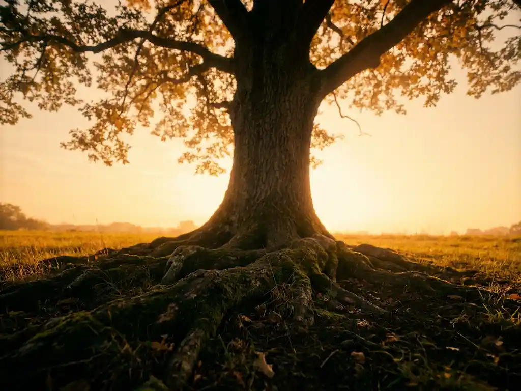 Tall oak tree at golden hour with roots spreading into rich earth, branches reaching skyward, shot from low angle in warm amber light.