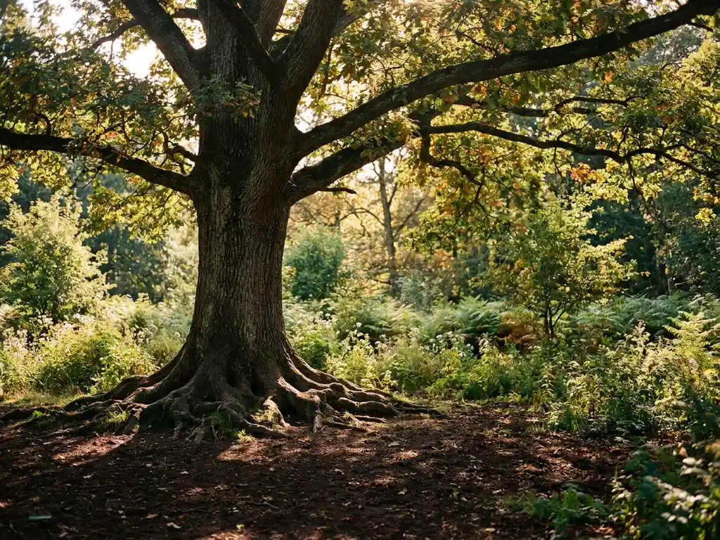Tall oak tree with sprawling surface roots and wide canopy casting shade over lush diverse undergrowth in warm golden light.
