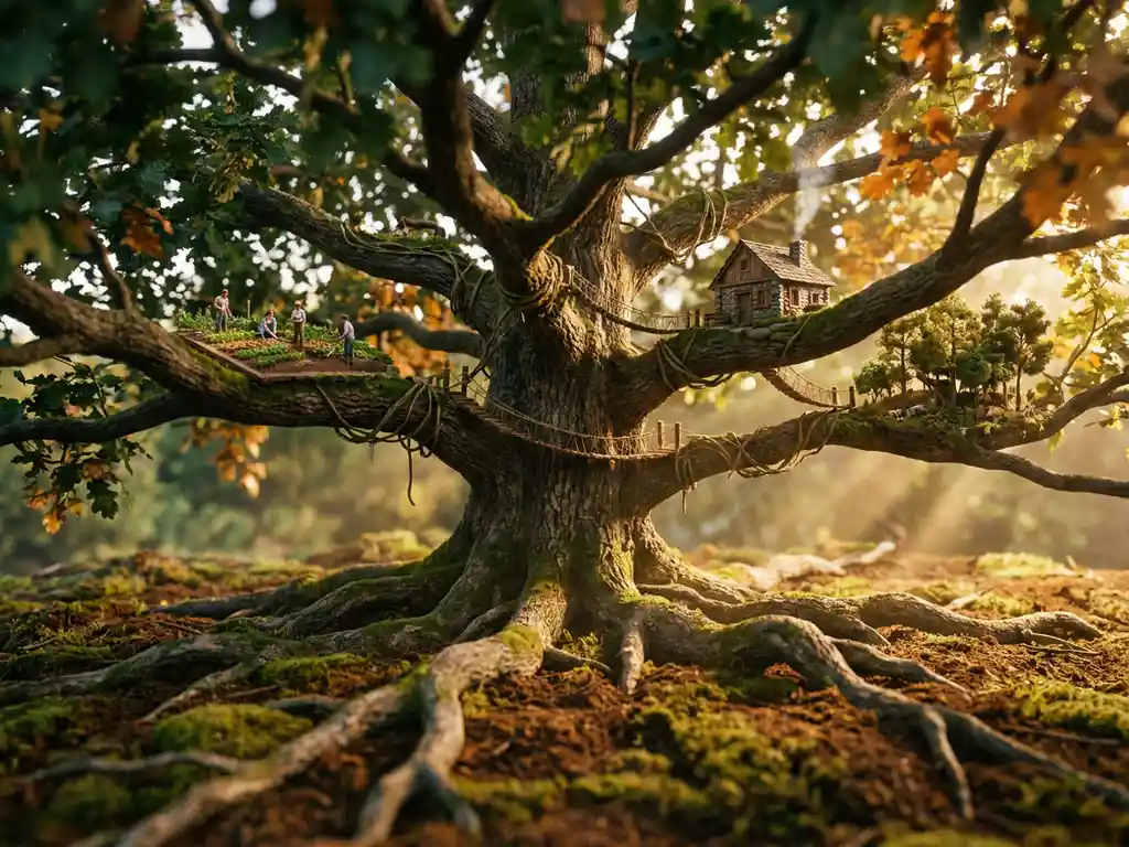 Thriving oak tree with deep roots and wide branches supporting people, nature, and a small building in golden afternoon light.
