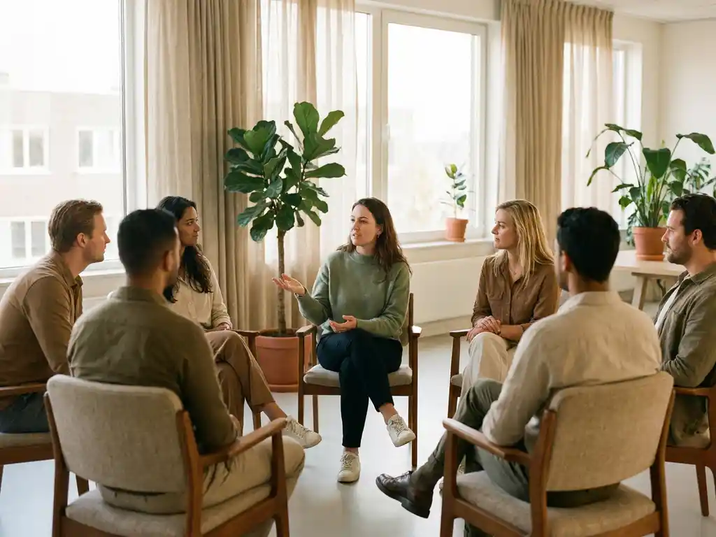 Colleagues in an open circle listening attentively during a workplace conversation in a sunlit Dutch office with plants and warm natural light.