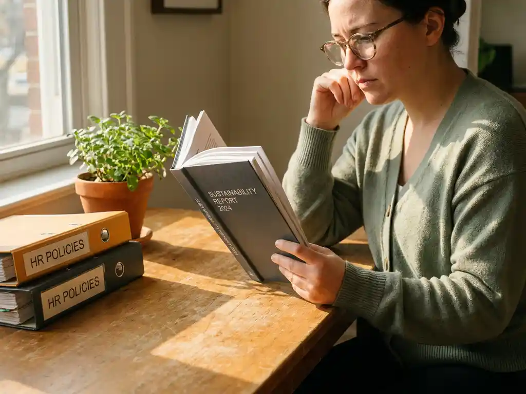 People leader reviewing a sustainability report at a sunlit wooden desk beside a green plant and stacked HR policy binders.