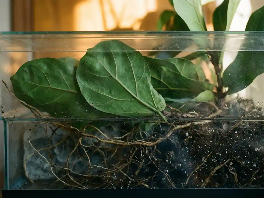 Thriving green plant with leaves pressed against a glass ceiling, dense roots in dark soil below, warm golden light filtering through from above.