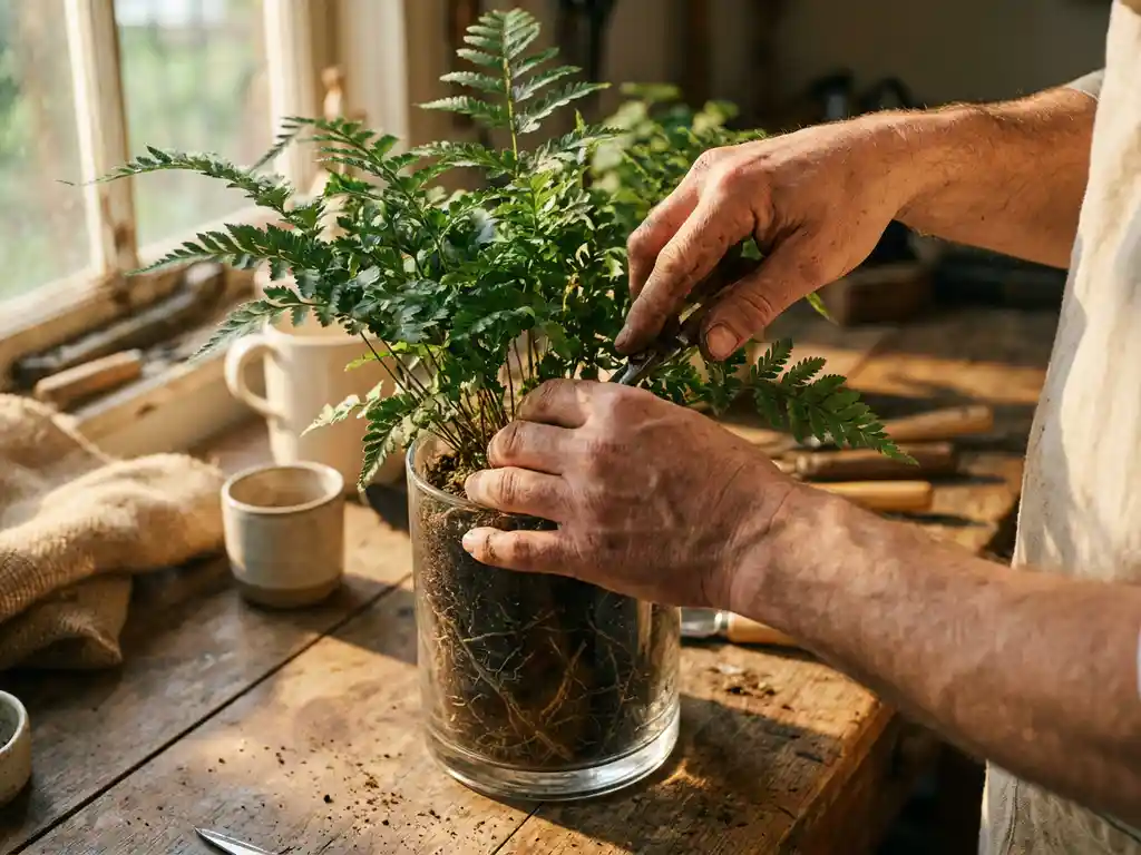 Craftsperson's hands tending a potted plant in a glass container, roots visible in dark soil, warm morning light on a wooden desk.