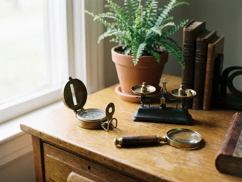 Precision measuring tools — compass, balance scale, and magnifying glass — arranged on a warm oak desk beside a green plant in soft natural light.