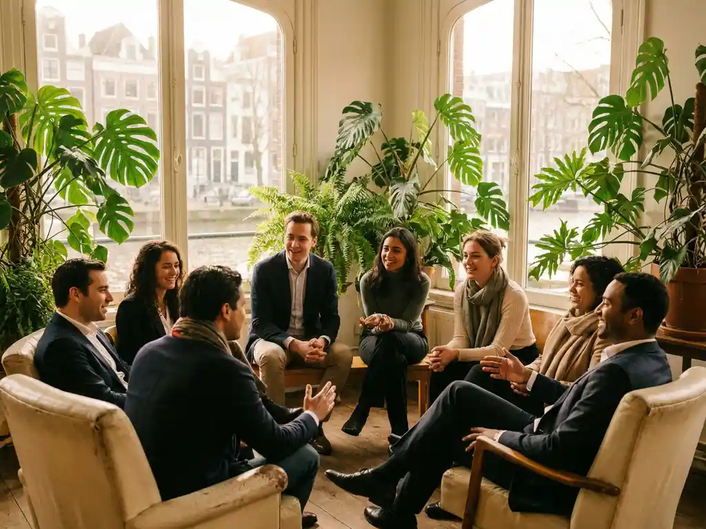 Diverse professionals in close circular discussion bathed in warm natural light inside a modern Amsterdam office with floor-to-ceiling windows.