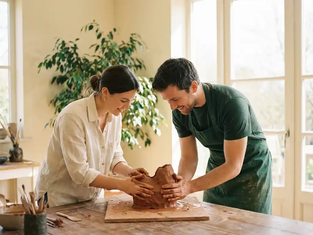 Two professionals collaboratively shaping clay at a wooden table, warm natural light streaming through floor-to-ceiling windows.