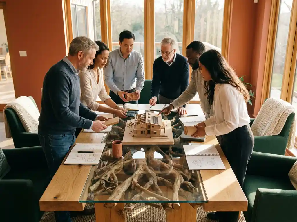 Diverse professionals collaborating around a glass-topped oak table with visible roots, sharing prototypes and notebooks beside a central architectural model.