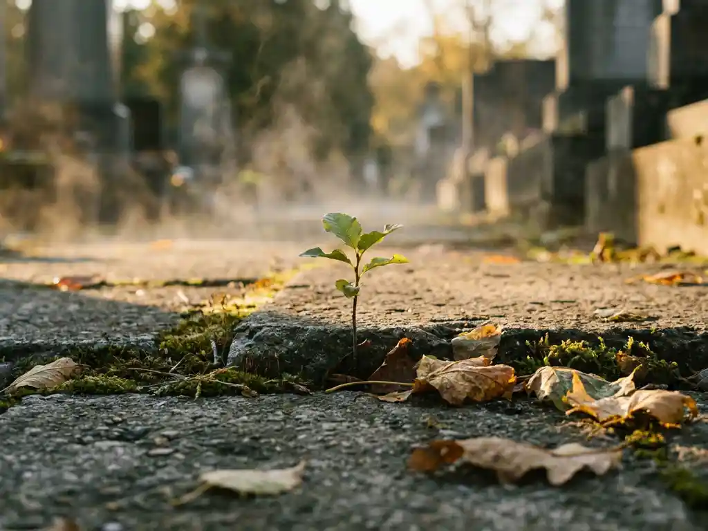 Green sapling pushing through a crack in weathered concrete, surrounded by dried autumn leaves in warm ochre tones and soft morning mist.