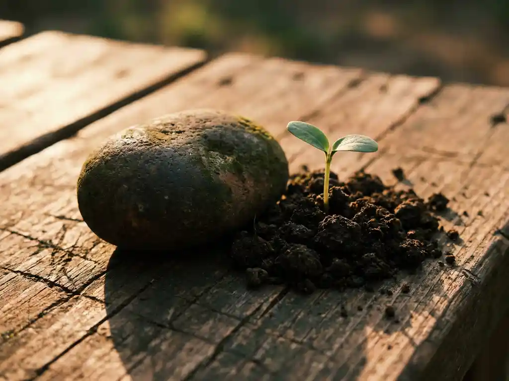 Weathered river stone beside a sprouting seedling in dark soil on rustic wood, bathed in warm golden side light.