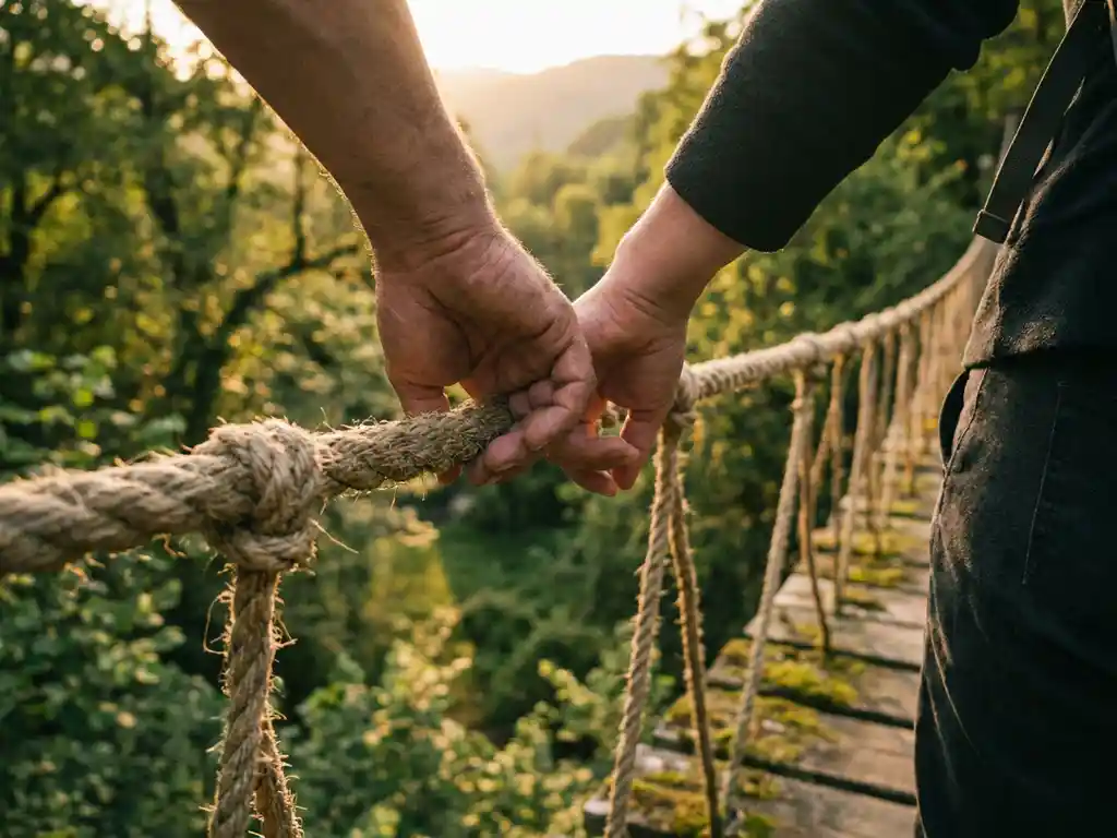 Two hands interlocking over a woven rope bridge suspended above a lush green valley in warm golden-hour light.