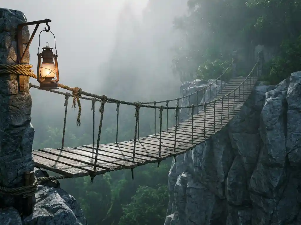 Frayed rope bridge spanning misty cliffs, one end anchored to a glowing lantern, lush green valley below in warm amber and slate grey light.