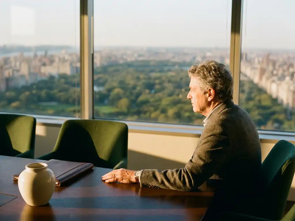 Senior leader gazing thoughtfully through a floor-to-ceiling window overlooking a green cityscape, warm afternoon light on a polished oak conference table.