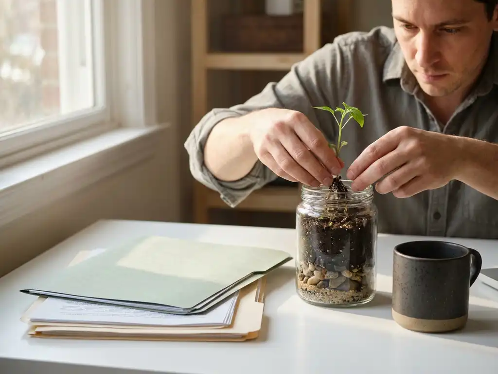 Small business owner planting a green seedling in a glass jar on a white desk beside stacked documents and a ceramic coffee mug.