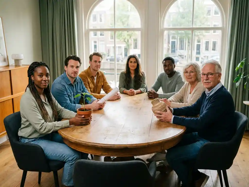 Diverse small business owners around a round oak table holding a seedling, document, and handcrafted product in a sunlit Dutch office.