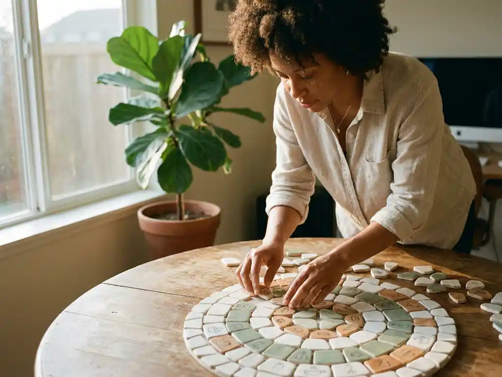 Small business owner arranging interconnected ceramic tiles in a circular stakeholder map on a warm oak table by a sunlit window.