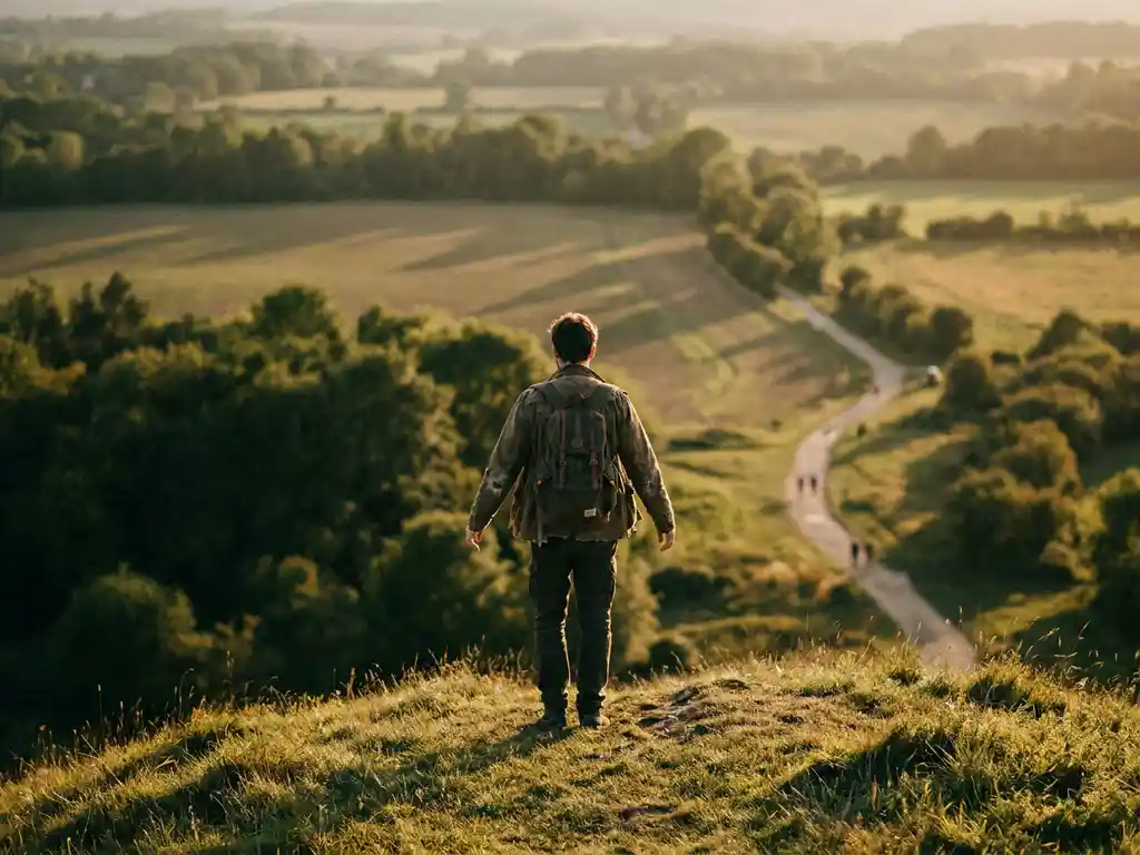 Person standing alone at a sunlit hilltop, gazing over a vast landscape with hikers on the path below in warm golden morning light.