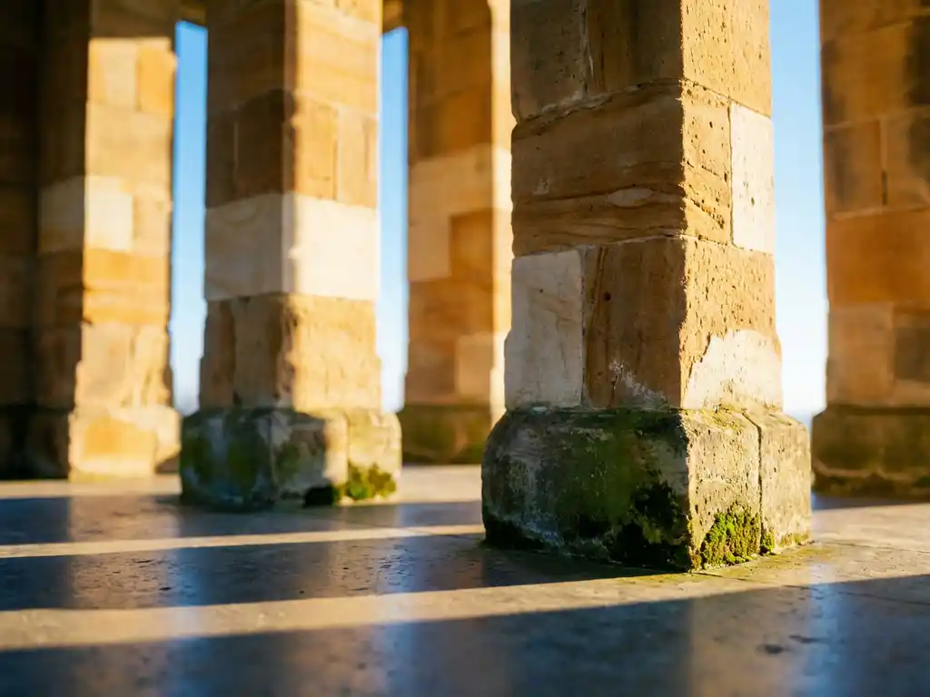 Four stone pillars on polished concrete bathed in warm golden sunlight, casting long shadows with moss at their bases against a clear blue sky.